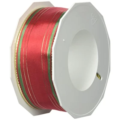 Afbeelding van Prasent 40 mm 20 m Chamonix Bedraad Gestreepte Decor Taft met Gouden Rand, Rood/Groen
