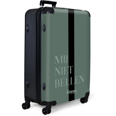 Afbeelding van NoBoringSuitcases.com® Koffer groot Reiskoffer lichtgewicht Groene achtergrond met tekst Mij niet bellen Rolkoffer 4 wielen Grote trolley XL 98 liter bagage
