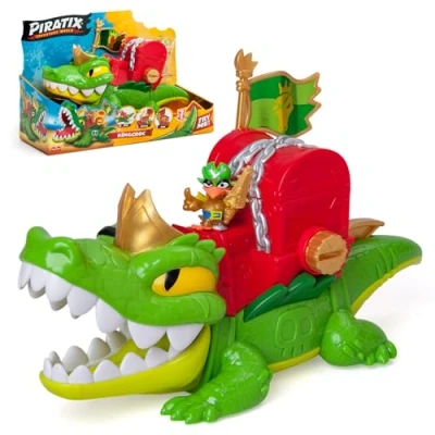Afbeelding van piratix King Croc scharnierende krokodil voor het vangen van en schatkist bevat 1 krokodil, exclusieve schat, 2 extra gouden schatten, accessoire