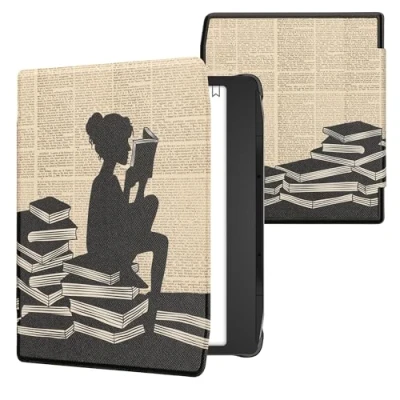 Afbeelding van kwmobile E reader hoesje geschikt voor Pocketbook Era / Color hoes flip case met magnetische sluiting Ereader cover Meisje boeken design in zwart beige