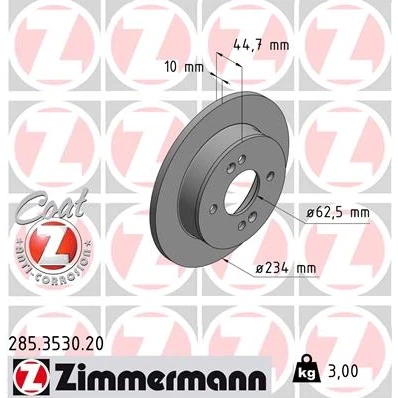 Afbeelding van ZIMMERMANN Remschijf HYUNDAI: i10 II Hatchback COAT Z 234mm 10mm 6/5 5 gat 100mm volledig Gecoat 285.3530.20 58411B4300,58411B9000 Remschijven