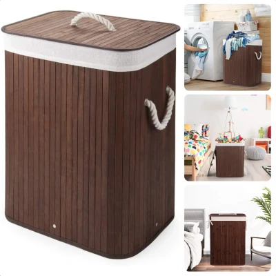 Afbeelding van Cheqo® Bamboe Wasmand Met Waszak Opvouwbaar Deksel Wassorteerder 72L Bruin