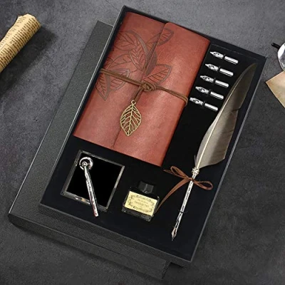 Afbeelding van Quill pen en inktset, antieke veerdippen calligrafiepennenset, inclusief veerpen, 5 vervangende nibs, nib basis, notitieboekje, inkt, cadeau doos, beste voor hem mannen pa (Grijs)