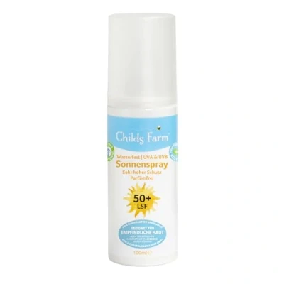 Afbeelding van Childs Farm Zonnebrandspray voor kinderen en baby&#039;s, zeer hoge bescherming met SPF 50+, waterbestendig, UVA UVB bescherming, 100 ml. Geschikt droge, gevoelige of eczeemgevoelige huid