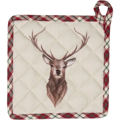 Afbeelding van Clayre &amp; Eef Pannenlap 20x20 cm Beige Rood Katoen Vierkant Hert Afgiet