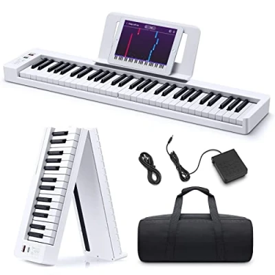 Afbeelding van Donner Vouwend pianotoetsenbord, 61 toetsen gevoelige elektrische piano, draagbare digitale piano voor beginners, opvouwbaar toetsenbord met muzieksteun, pianotas, pianopedaal, app, DP 06 wit