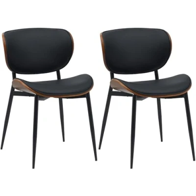 Afbeelding van CLP Enid Set van 2 Eetkamerstoelen bezoekersstoel met rugleuning en bekleding metalen frame hout Kunstleer/walnoot/zwart
