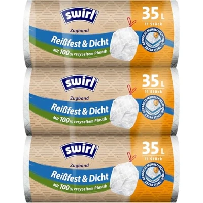 Afbeelding van Swirl Scheurvaste en dichte vuilniszakken met trekkoord, 35 liter, 3 multipack 33 vuilniszakken, extra sterk, druppelvrij