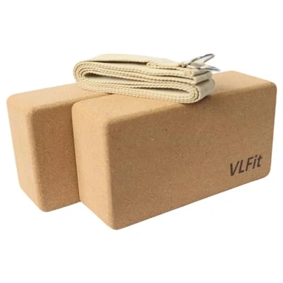 Afbeelding van VLFit Kurk Yogablokken, set van 2 stuks, met yogaborm 100% katoen, milieuvriendelijk yogablok, ecologisch vervaardigd natuurlijke kurk, blokken en bandjes
