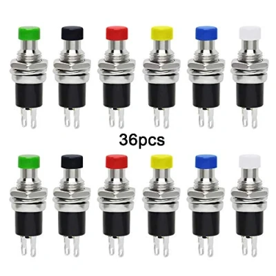 Afbeelding van QitinDasen 36 stuks premium 7 mm mini drukknopschakelaar, momentaan, normaal open, 2 polig, SPST micro schakelaar, 1 A, 250 V AC (6 kleuren)
