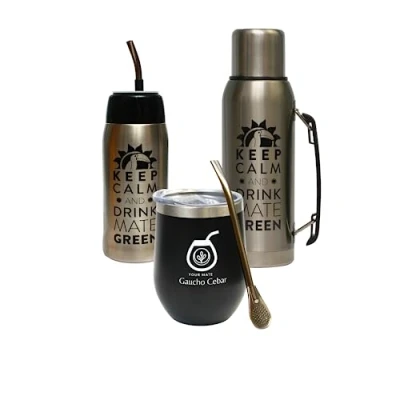 Afbeelding van Gaucho Cebar Yerba Mate Tee Set Complete Accessoires Thermosfles 1L Silver en Yerbomos 680 ml Zwart, Roestvrij staal Theebeker Termolid Cup 350 Stalen rietje Bombilla 19 cm