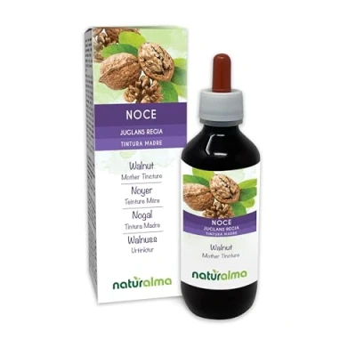 Afbeelding van Walnoot of Okkernoot (Juglans regia) fruitschil vruchtwand (walnootschil) en bladeren Alcoholvrije moedertinctuur Naturalma Vloeibaar extract druppels 200 ml Voedingssupplement Veganistisch