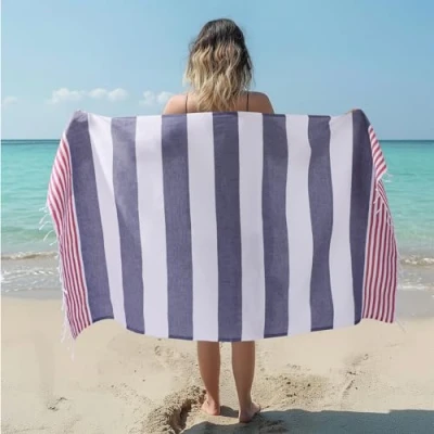 Afbeelding van JEMIDI hamamdoek 180 x 100 cm Sneldrogende sauna handdoek 100% katoen Als badlaken strandlaken picknickkleed of pareo Rood en blauw gestreept
