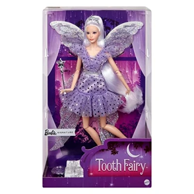 Afbeelding van Barbie Signature Tandenfee Pop, verzamelpop met feeënvleugels, toverstaf en geldzakje, cadeau voor kinderen vanaf 6 jaar, JCW43