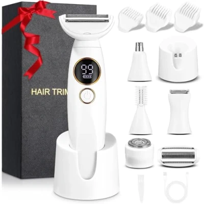 Afbeelding van scheerapparaat voor dames, 5 in 1 intieme vrouwen, elektrisch met USB laadstation, lichaam, oksels, bikini, wenkbrauwen en