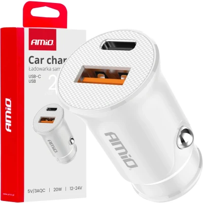 Afbeelding van AMiO Auto Oplader USB A + C 20W 12/24V Wit