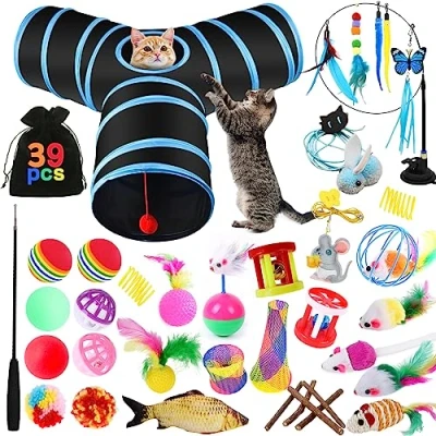 Afbeelding van YUTUY 39 stuks Kattenspeelgoed,Kattenspeelgoedset met kattentunnel,Kattenspeelgoed Set voor Indoor Katten Kattentunnels,Veerspeelgoed,Pluche Speelgoed,Speelgoedmuizen etc