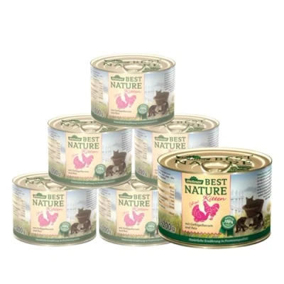 Afbeelding van Dehner Best Nature kattenvoer, kitten, gevogelte harten en rijst, 6 x 200 g (1,2 kg)