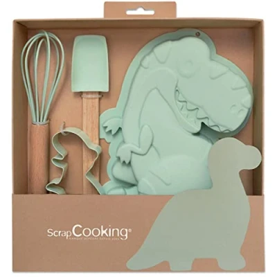 Afbeelding van ScrapCooking Dinosaurus bakset voor kinderen Geschenkset met 4 gebruiksvoorwerpen: garde, lepel, vorm en decoupeerpan hout, siliconen roestvrij staal taarten, dino koekjes 1134