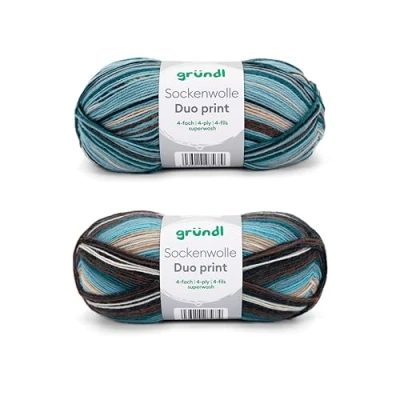 Afbeelding van Gründl Sokkenwol Duo breiset van 2 x 100 g sokkengaren (75% scheerwol (superwash), 25% polyamide) + handleiding (mogelijk niet beschikbaar in het Nederlands), turquoise blauw