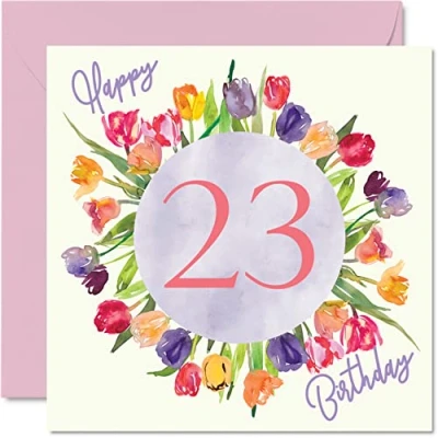Afbeelding van mooie 23e verjaardagskaarten voor vrouwen aquarel tulpen bloemen boeket gelukkige verjaardagskaart haar dochter tante zus vriend verjaardagscadeaus, 145 mm x wenskaarten cadeau