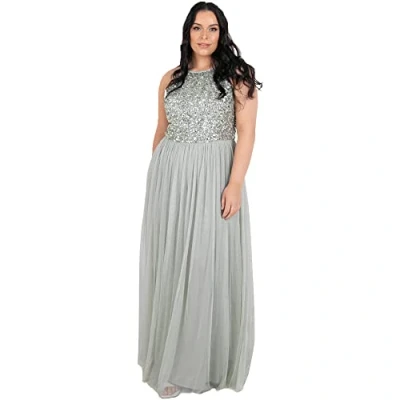 Afbeelding van Maya Deluxe Maxi jurk voor dames, bruidsmeisje, halterjurk, pailletten, versierd, eindexamenfeest, bruiloft, Groene Lelie, 36