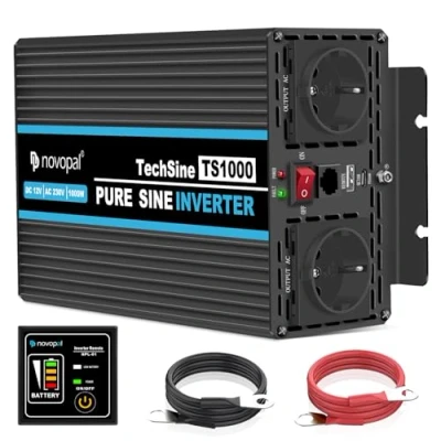 Afbeelding van novopal® spanningsomvormer 12V naar 230V 1000W/2000W zuivere sinus omvormer converter met 2 EU stopcontact en 2.1A USB