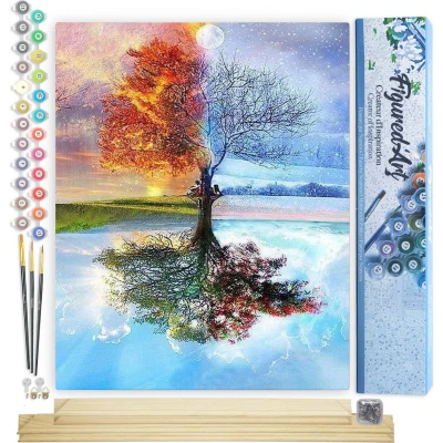 Afbeelding van Figured&#039;Art Schilderen op Nummer Volwassenen canvas Boom 4 seizoenen Handwerk acrylverf Kit DIY Compleet 40x50cm met houten lijst