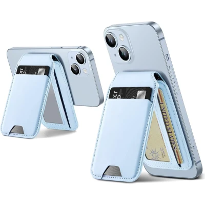 Afbeelding van vegan lederen portemonneehoesje met standaard. Magsafe portemonnee en verstelbare standaard, compatibel de iPhone 15/14/13/12 serie, niet 13/12 mini, 3 kaarthouders Blauw