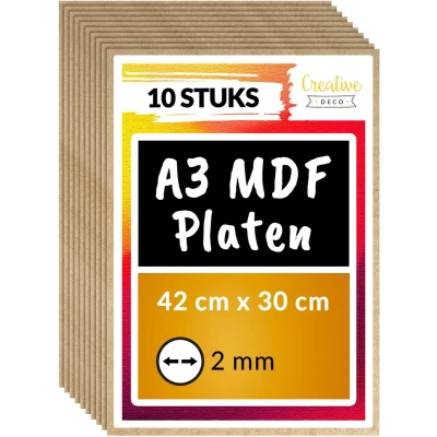 Afbeelding van Creative Deco 10 x A3 MDF Plaat 420 300 2 mm Perfect voor Lasersnijden, CNC Frezen, Modelleren, Freeswerk, Figuurzagen