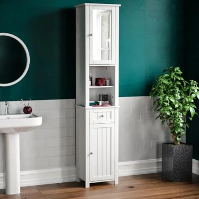 Afbeelding van Bath Vida Priano Tall Mirrored Badkamer Kast Opbergkast Vloer Staande Tallboy Unit, Wit