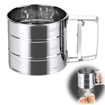 Afbeelding van VFANDV meelzeef, 250 g, poedersuikerstrooier, roestvrij staal, fijne meelzeef met eenhand, stofsuikerstrooier voor meel, suiker, kruidenpoeder