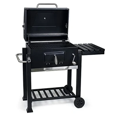 Afbeelding van BBQ houtskoolbarbecue grillwagen met deksel, zijtafel en vuurklep verstelbare kolen, thermometer