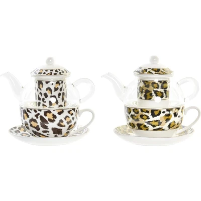 Afbeelding van Theepot DKD Home Decor Luipaard Kristal Porselein Bruin Transparant Wit (2 Stuks)