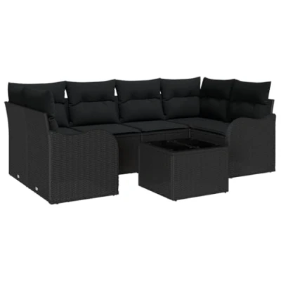 Afbeelding van vidaXL 7 delige tuinsofa set met kussens zwart poly rattan