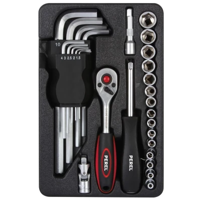 Afbeelding van Gereedschapsset Toolland 28 delig (Ratelschroevendraaier, 1/4&quot; doppen, Inbus, Verlengstuk)