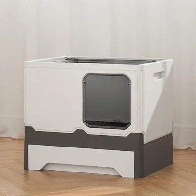 Afbeelding van Kattentoilet, Kattenbak, Kunststof Kattenbakken met Deksel, Uittrekbare Lade, Schep, Deodoriserende Lade Type (45 * 35 38cm grijs wit D)