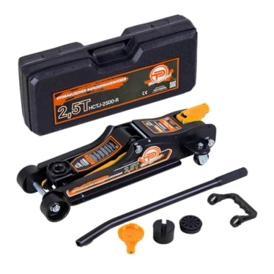 Afbeelding van hydraulische krik, 2,5 ton, platte uitvoering 80 mm 360 mm, laag profiel, incl. koffer + SUV adapter 2x rubberen pad garagekrik wielen (oranje)