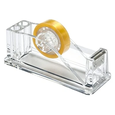 Afbeelding van OSCO Transparante acryl tapehouder met Tape Desktop Dispenser 2 sleuven voor pennen of potloden rubberen pads antislip H6,4 x B5 D12,7 cm