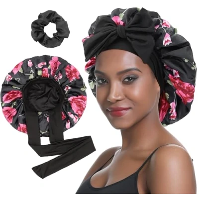 Afbeelding van SENGTERM Satijnen haarkap voor dames, dubbelzijdige zijden muts met elastische stropdas krullend haar, nachtmuts, zwarte bloemen, M L