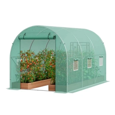Afbeelding van VEVOR Walk in tunnelkas, 9x7x6ft hoepelhuis, broeikastunnel, plant warm huis met gegalvaniseerd stalen frame, groene PE afdekking, oprolbare ritsdeur en 6 ramen voor buiten
