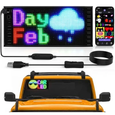 Afbeelding van led display met dubbele rij, 27 x 12 cm, programmeerbaar, loopschrift, lichtreclame, gepersonaliseerd lichtbord voor auto, vrachtwagen, tekst, graffiti, smart app, Bluetooth, USB 5 V/2 A