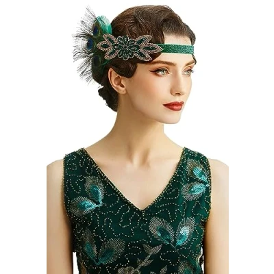 Afbeelding van Babeyond Hoofdband voor dames, haarband, jaren 20, Gatsby kostuum, Flapper stijl, vintage, stijl 2, zwarte pauw