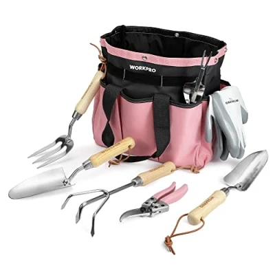Afbeelding van WORKPRO Tuingereedschapset, 8 in 1 Roze Tuingereedschap met Opbergtas, Gemaakt van Roestvrij Staal, Tuinschep Houten Handvat, Bloemenschaar, Tuinklauw, Handcultivator, Cadeau voor Tuinmannen