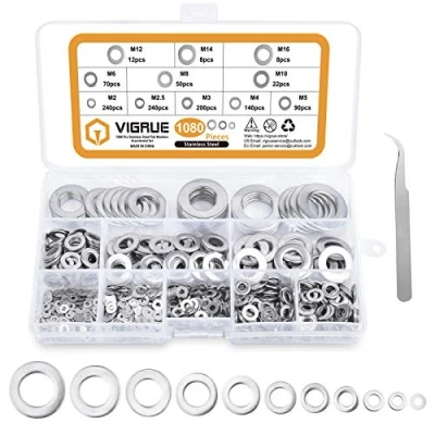 Afbeelding van VIGRUE platte sluitringen, 1080 stuks, bijsluitringen, 11 maten, A2 70 roestvrij staal, borgringen, assortimentset (M2, M2.5, M3, M4, M5, M6, M8, M10, M12, M14, M16)
