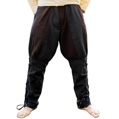 Afbeelding van Leonardo Carbone® Vikingbroek met vetersluiting voor heren, middeleeuwse kleding, Vikingbroek, kostuum, festivaloutfit, LARP, cosplay, vrijetijdsbroek, 100% katoen, zwart/bruin, L