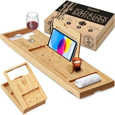 Afbeelding van SereneLife Bamboe Badrek met Inklap en Vergrendelontwerp Badplank Badkuiptafel Uitrekbare Badkuipplank van 76 cm tot 109 Gemakkelijk op te bergen Vouwscharnieren