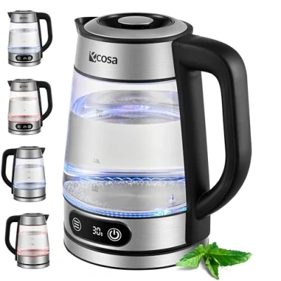 Afbeelding van Ecosa® Glazen waterkoker met temperatuurregeling, 1,8 liter, 2200 W, roestvrij staal, temperatuurkeuze, 100% BPA vrij, warmhoudfunctie, ledverlichting, functie