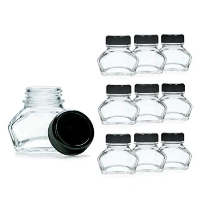 Afbeelding van 10x Inktglas, inktpotjes, juwelenglas met zwarte schroefstop, volume 30 ml, Ø draad mm