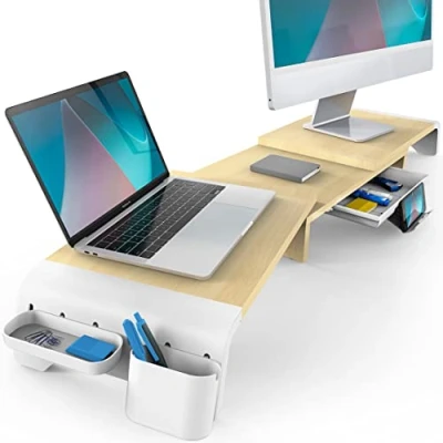 Afbeelding van Fenge Dubbele monitorstandaard, 3 planken verstelbare lengte en hoek, 107cm bureauorganizer met verwijderbare sleuflade, tablet telefoonhouder, computer laptop riser bureau voor 2 monitoren, Eiken